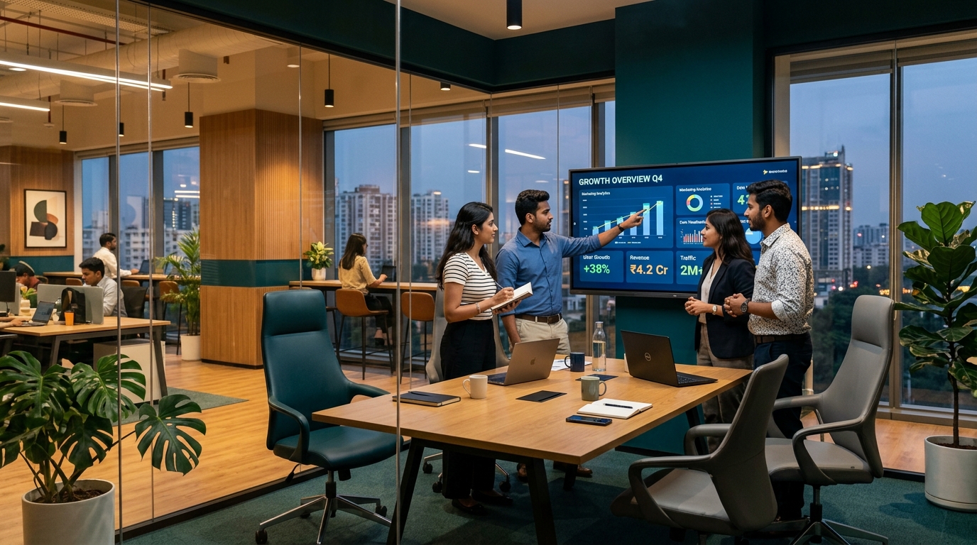 Grow 'n' Foster leadership team collaborating in modern Indian IT office