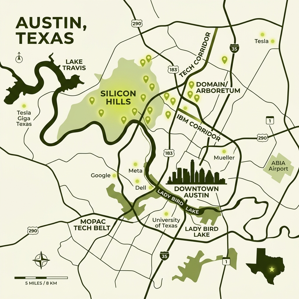 Authentic Vector Map of Austin Texas, Silicon Hills, Lake Travis, Lady Bird Lake, and Downtown