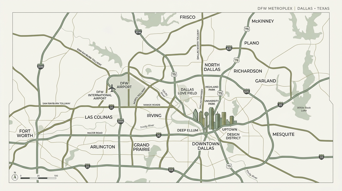 Authentic Vector Map of Dallas Texas Metroplex, Downtown, Fort Worth, Plano, Frisco, and Las Colinas