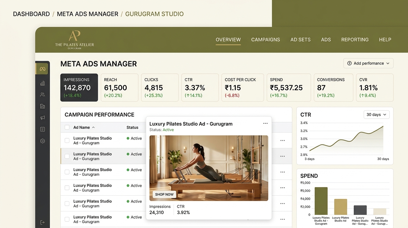 Pilates studio ad creative & landing page mockup